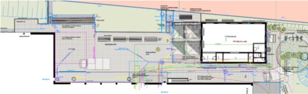 Der Lageplan der vom Technischen Ausschuss empfohlenen Außenanlageplanung, die den neuen „Innenhof“ hinter der Halle vielfältig nutzbar macht.